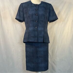 Kasper ASL Skirt Suit Blue & Black Print Short Sleeve Pencil Skirt Lined EUC 12P